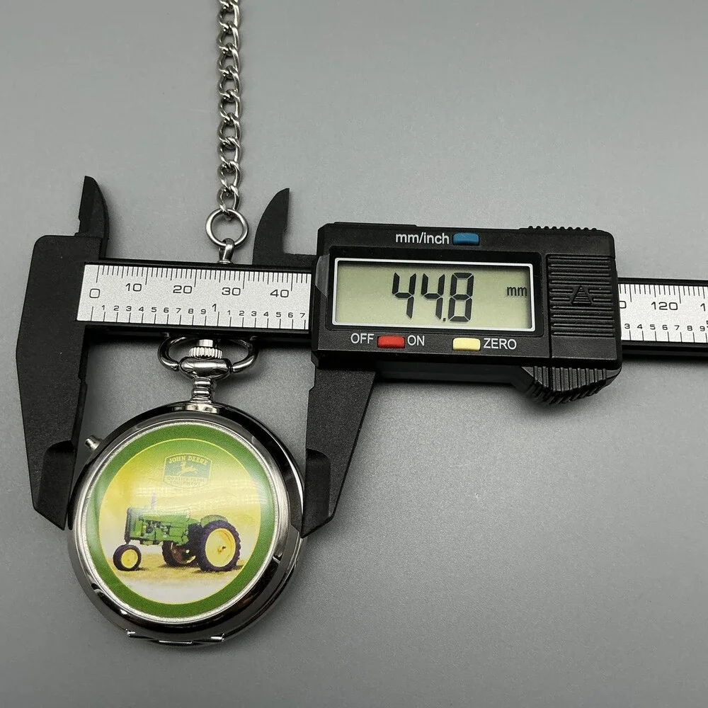 John Deere Pocket Watch Men 45mm Silver Tone Tractor Dial Chain New Battery